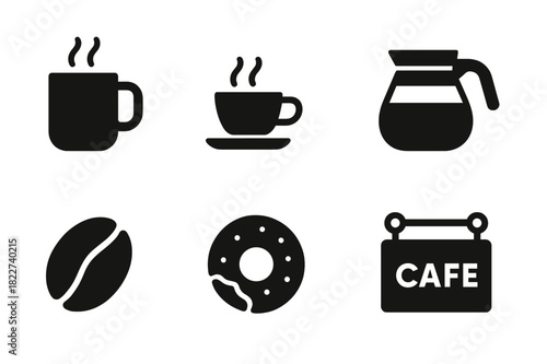 Coffee Shop Icons. Coffee shop icons. Filled icon set of coffee shop icons: steaming mug, espresso cup,