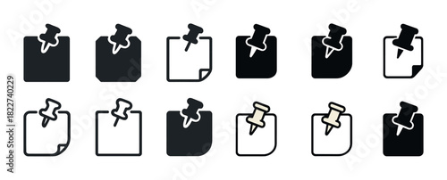 Pushpin icons: set of paper with pin symbols in various styles