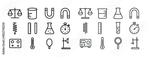 Science icons: lab equipment and scientific tools in outline style