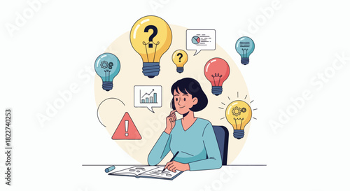 Woman brainstorming ideas and solving problems with various light bulbs and symbols around her.