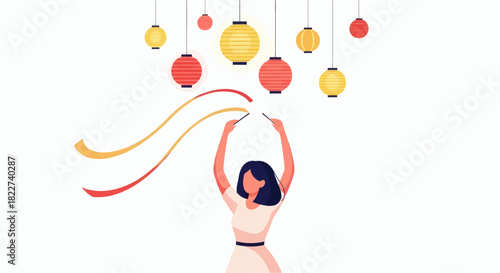 Woman celebrating with colorful lanterns and flowing ribbons.