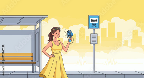 Woman cooling herself with a portable fan at a bus stop on a hot day.