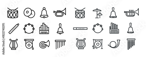 Collection of musical instrument icons: drums, cymbals, bell, trumpet, lyre, tambourine