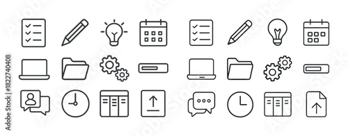 Minimalist office icon set including laptop, calendar, light bulb, and pencil symbols