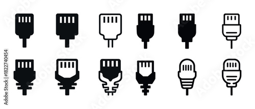 Set of various black and white cable connector icons on white background