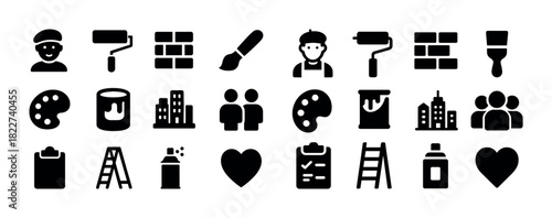 Black icon set: painters, builders, art supplies, and construction elements