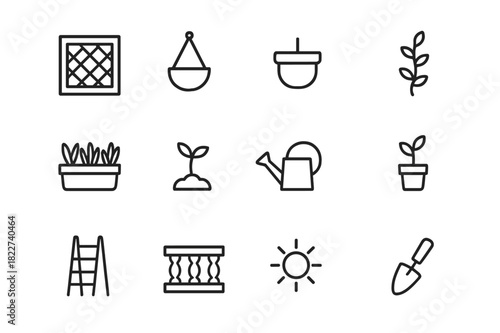 Compact Garden Icons. Compact garden icons. Line outline icon set of compact garden icons: trellis, hanging