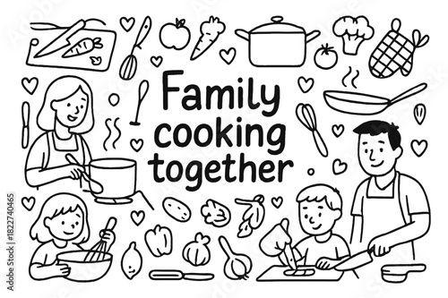 Cooking Together Fun. Family cooking together. Hand-drawn doodle illustration of Family cooking together.