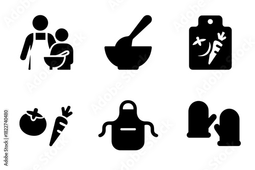 Cooking with Kids Icons. Cooking with kids. Filled icon set of cooking with kids: parent and child, mixing