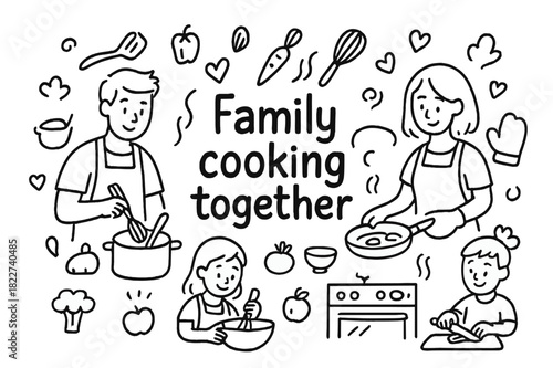 Cooking Together Fun. Family cooking together. Hand-drawn doodle illustration of Family cooking together.