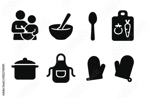 Cooking with Kids Icons. Cooking with kids. Filled icon set of cooking with kids: parent and child, mixing