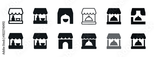 Black and gray market stall icons: variety of food and drink symbols