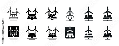 Set of renewable energy icons featuring wind turbines and solar panels