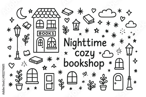 Cozy Bookshop Doodle. Nighttime cozy bookshop. Hand-drawn doodle illustration of Nighttime cozy bookshop.