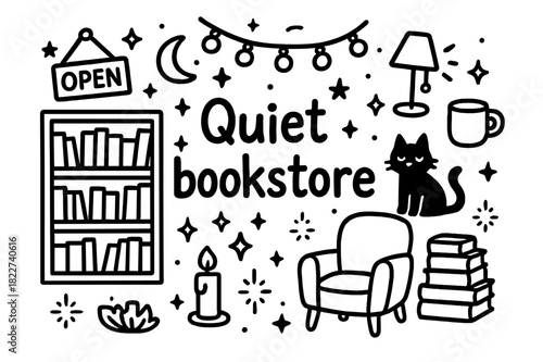 Cozy Bookstore Doodle. Quiet bookstore. Hand-drawn doodle illustration of quiet bookstore. Shelves of books,
