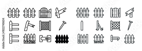 Various fence designs and symbols featuring wooden, wrought iron, and picket styles