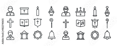 Church icon set: cross, bible, candle, priest, altar, music, wreath, bell, banner symbols