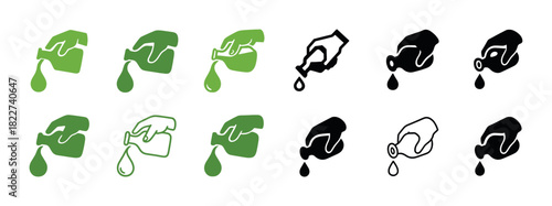 Various hand-drawn oil drop and container icons in green and black