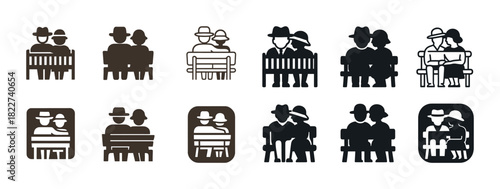 Silhouette icons of couples on benches in various styles and poses