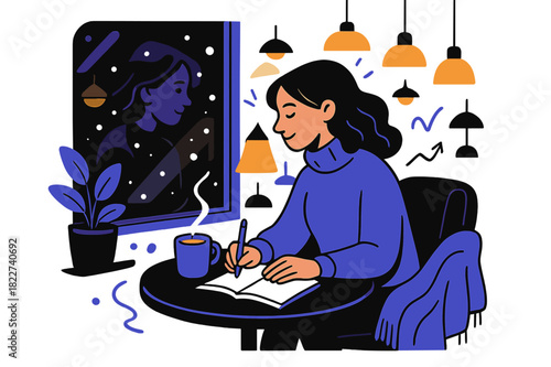 Cozy Cafe Creativity. Cafe reflection. Person writing in notebook, surrounded by soft cafe lighting, warm