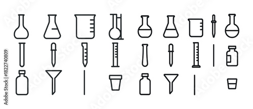 Outline icons of laboratory glassware and equipment for scientific research