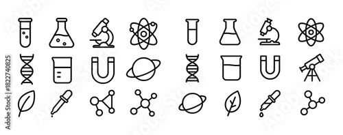 Science icons set: chemistry, physics, biology symbols in linear style