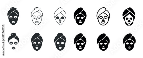 Set of simple facial mask icons in black and white