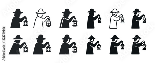 Silhouette variations of figure holding lantern in historical attire