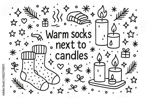 Cozy Candlelit Socks. Warm socks next to candles. Hand-drawn doodle illustration of Warm socks next to candles