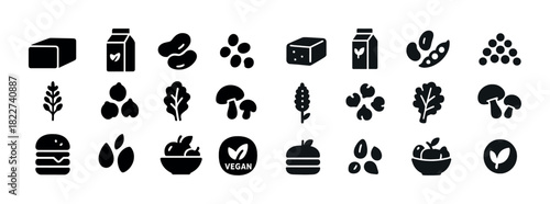 Collection of vegan food icons: plant-based ingredients and symbols in black and white