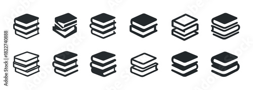 Set of book stack icons in various designs and styles