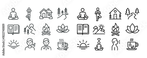 Simple icons of yoga, nature, and relaxation