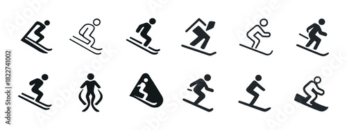 Set of ski and snowboard icon silhouettes for winter sports designs