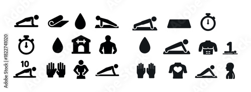 Fitness icons: push-ups, yoga, stopwatch, hydration, exercise equipment