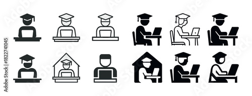 Set of education icons: online learning, graduation, studying, remote classes