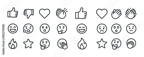 Set of minimalist emoji icons: thumbs, hearts, and faces in various expressions