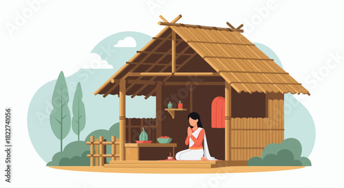 Woman Meditating in Traditional Bamboo Hut.