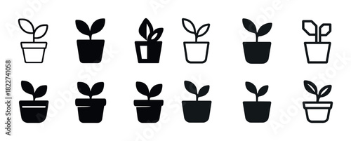 Black and white plant icon set: simple potted sprout illustrations