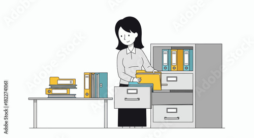 Woman organizing documents in an office filing cabinet.