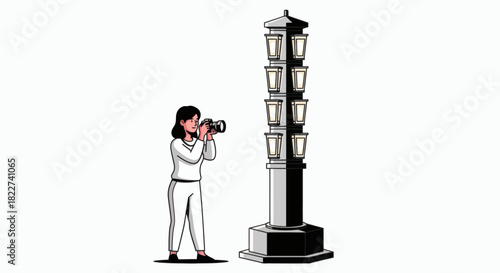 Woman Photographer Capturing Images of a Tall Decorative Street Lamp.