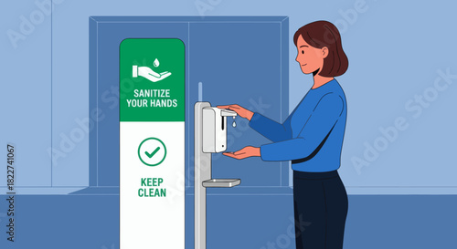 Woman sanitizing hands at a public dispenser for hygiene.