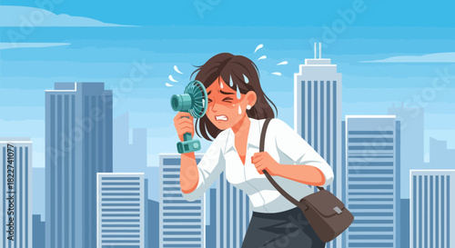 Woman shouting into a megaphone in a city with skyscrapers in the background.