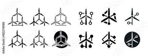 Wind turbine icon set: diverse abstract designs and variations