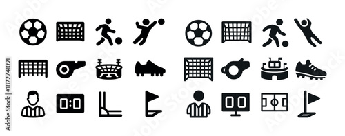 Soccer icons set: ball, goal, player, whistle, stadium, shoes, flag