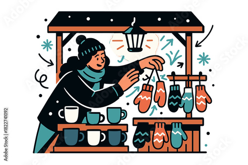 Cozy Craft Market. Craft stall. A vendor arranging hand-knit mittens and ceramic mugs on a wooden stand under