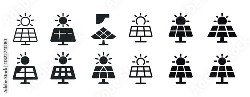 Black and white solar panel icon set with sun symbols