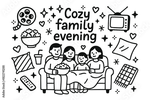 Cozy Family Night. Cozy family evening. Hand-drawn doodle illustration of cozy family evening. Family members,