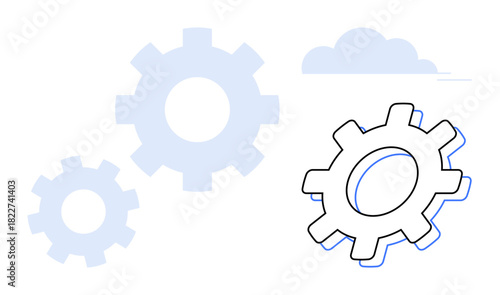 Rotating gears of varying sizes linked for collaboration and efficiency, accompanied by a minimal cloud illustration. Ideal for teamwork, engineering, productivity, systems, collaboration