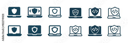 Cybersecurity and programming icons - laptops with shields and code symbols