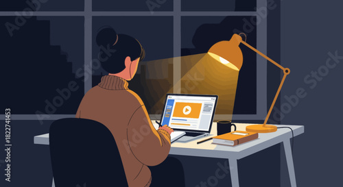 Woman working on laptop at night illuminated by a desk lamp focused on her tasks in a quiet room.